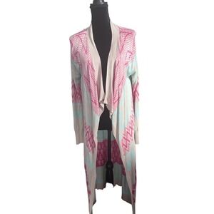 Myan‎ Womens L Long Boho Open Front Cardigan Duster Sweater Pastel Tribal Aztec